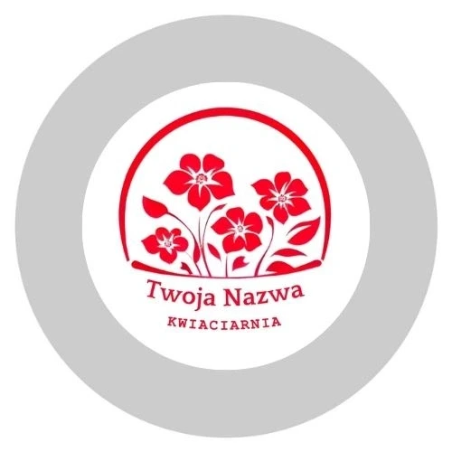 szkiełko gobo, projekt: czerwona grafika z czterema kwiatami, pod spodem miejsce na wpisanie własnej nazwy kwiaciarni