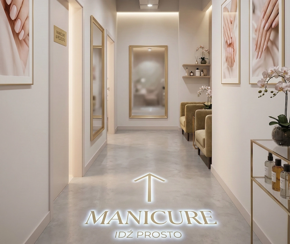 korytarz w salonie beauty. projekcja led strzałka oraz informacja : manicure idz prosto